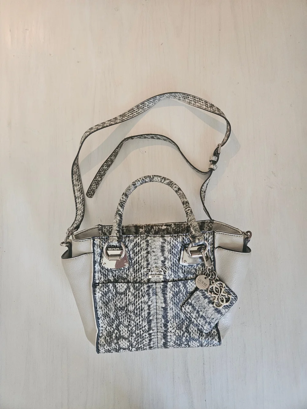 Guess Snake-Print Satchel in White and Black